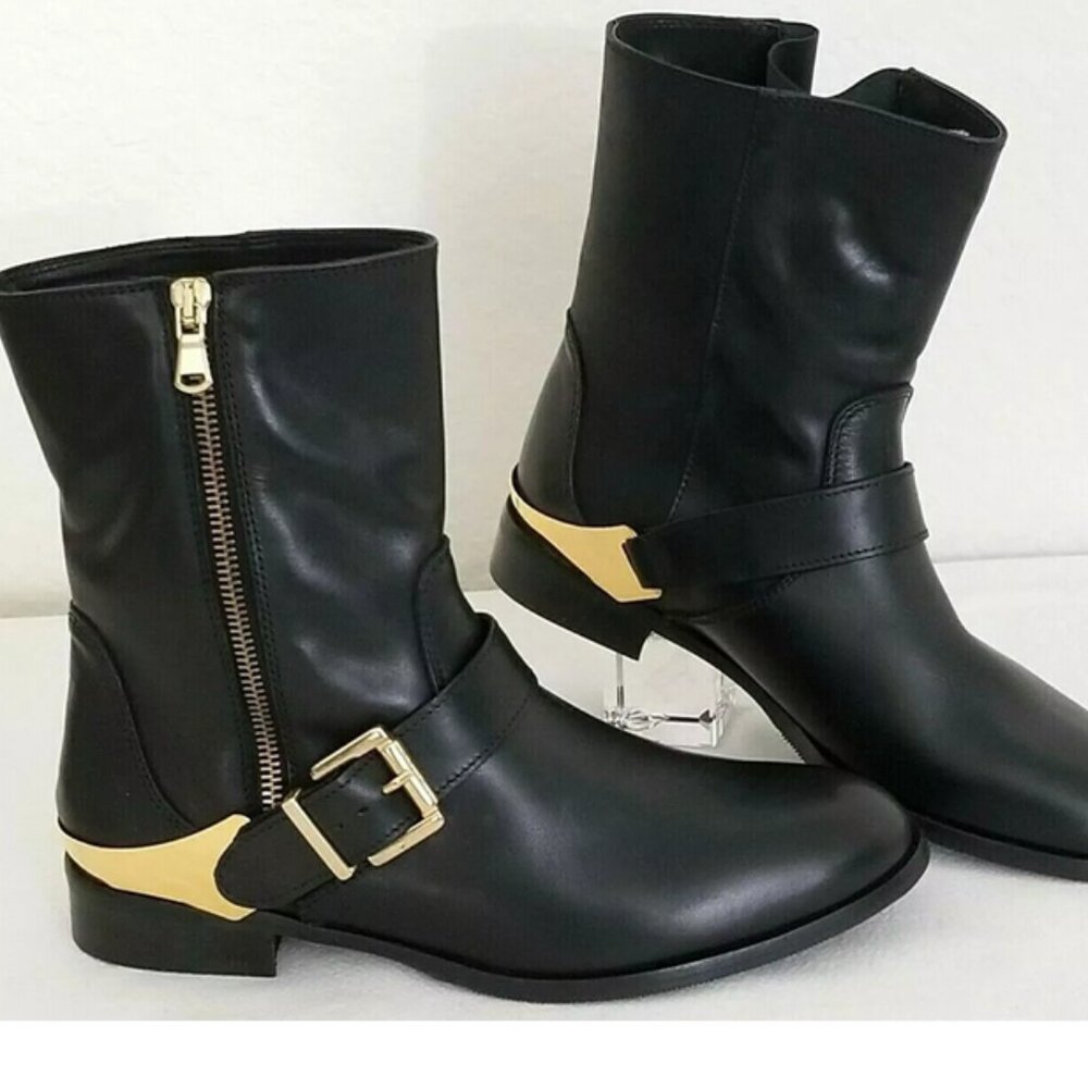 CHARLES DAVID BLACK NAPPA LEATHER REMIAN MOTO BOOTS MADE IN ITALY SZ 8 NEW!